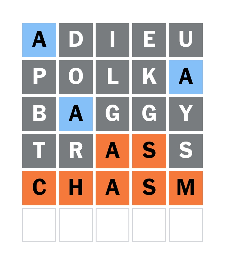 ADIEU → POLKA → BAGGY → TRASS → CHASM