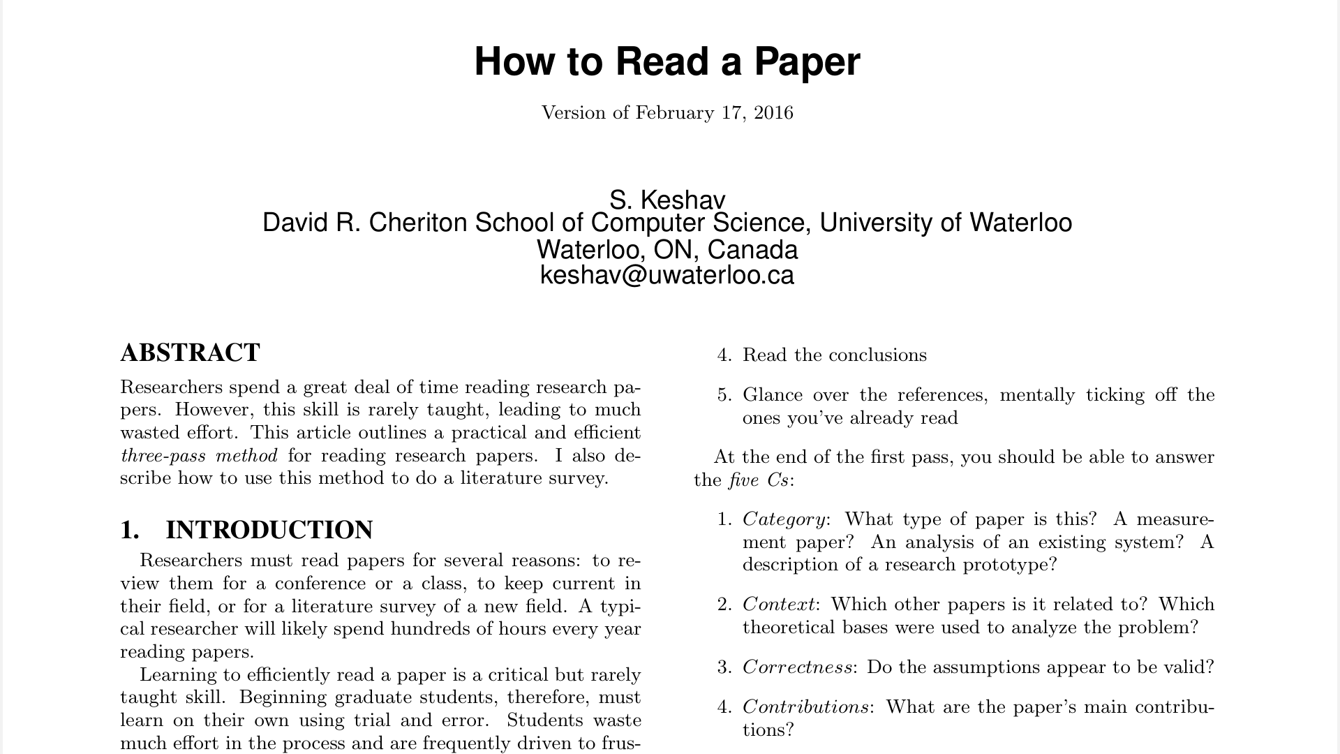 Keshav paper on how to read papers (preview).
