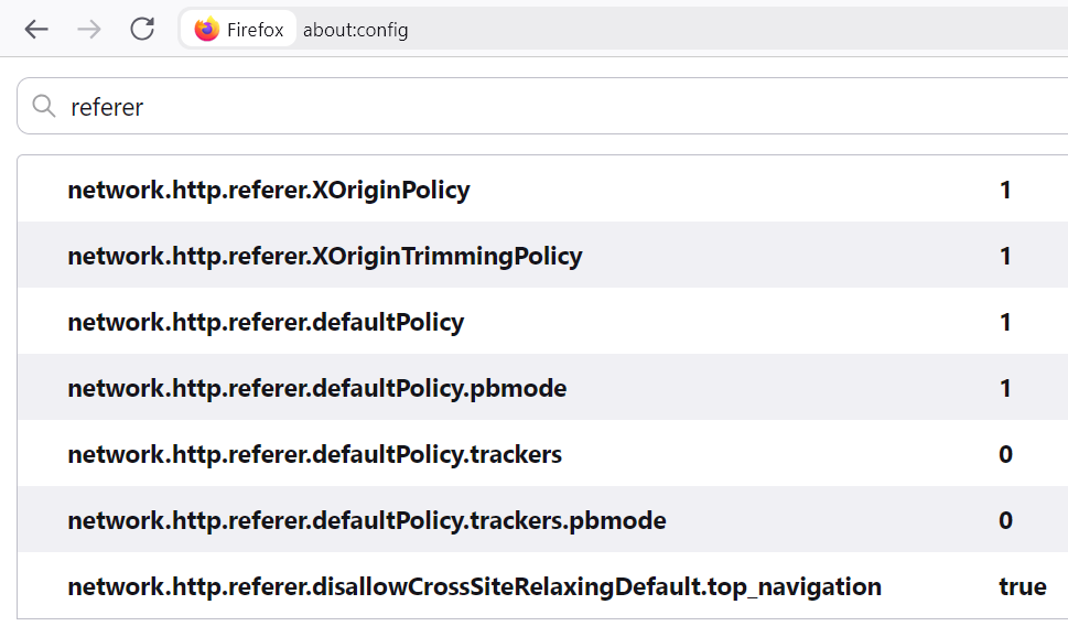 The referer settings I had in my Firefox config.
