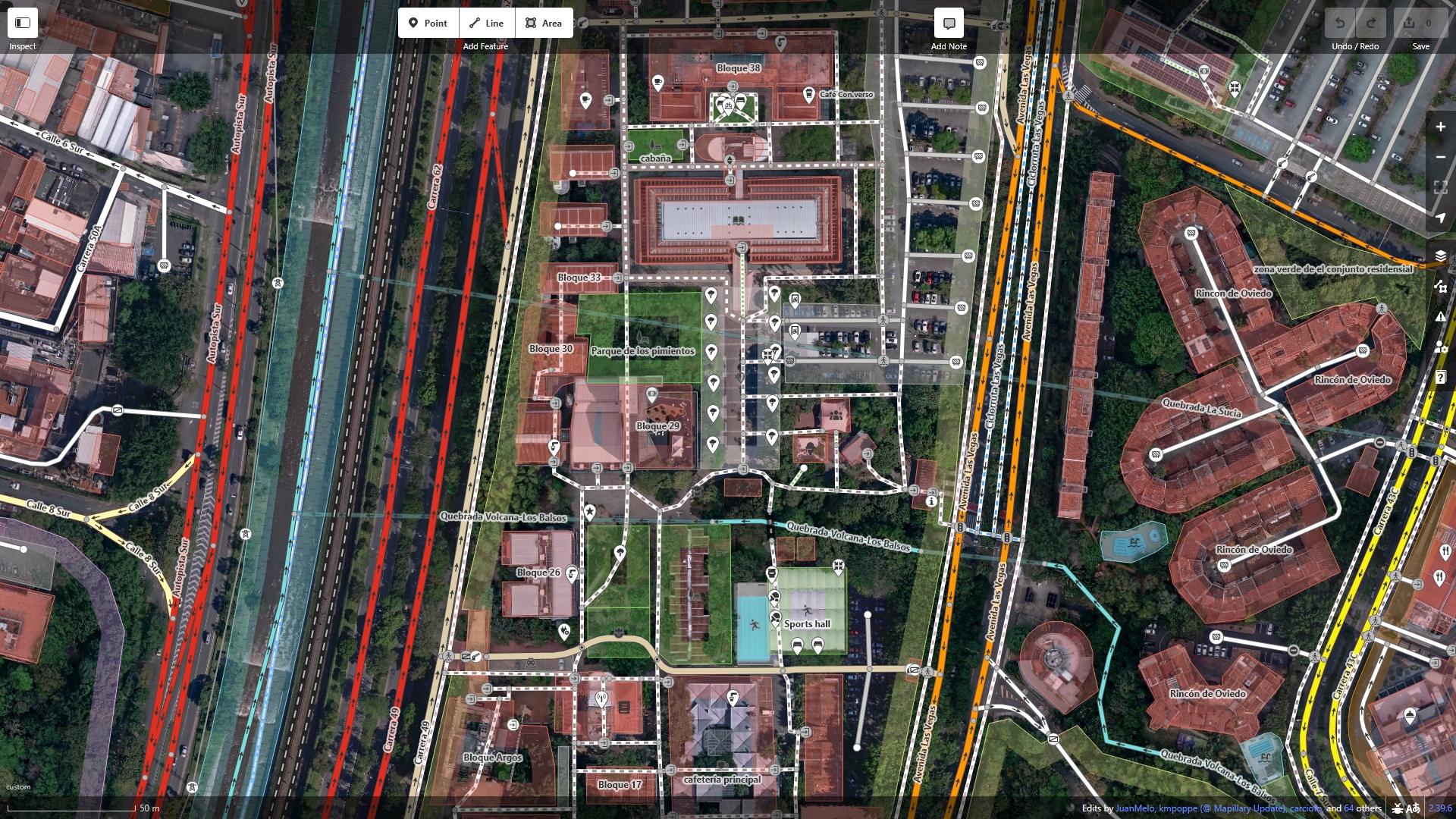 OpenStreetMap centred around EAFIT with the orthoimagery provided by the city town.