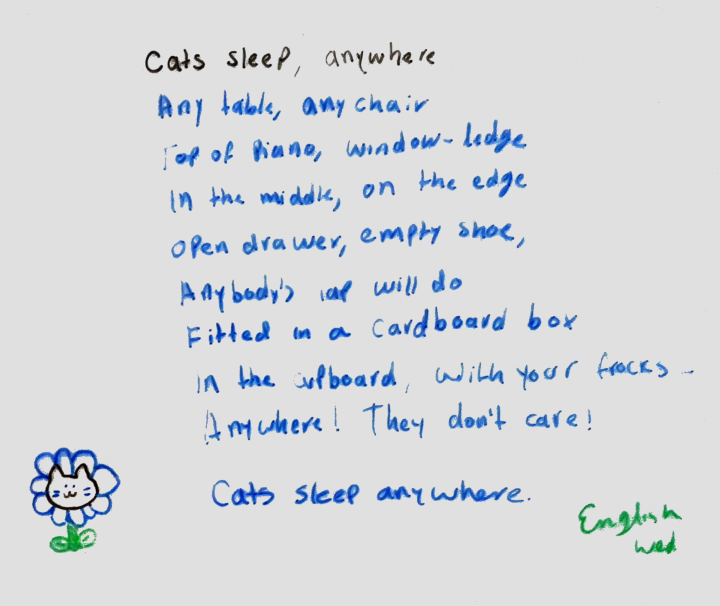 
Cats sleep, anywhere,
Any table, any chair
Top of piano, window-ledge,
In the middle, on the edge,
Open drawer, empty shoe,
Anybody's lap will do,
Fitted in a cardboard box,
In the cupboard, with your frocks-
Anywhere! They don't care!
Cats sleep anywhere.
